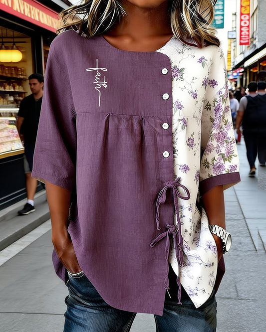 Bluse Asymmetrisch Zusammengefügt Geblümt Farbblock