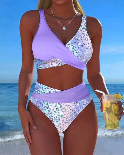 Bikini Kreuz Farbblock Leopardenmuster
