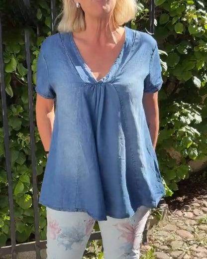 Bluse locker geschnitten V-Ausschnitt Denim