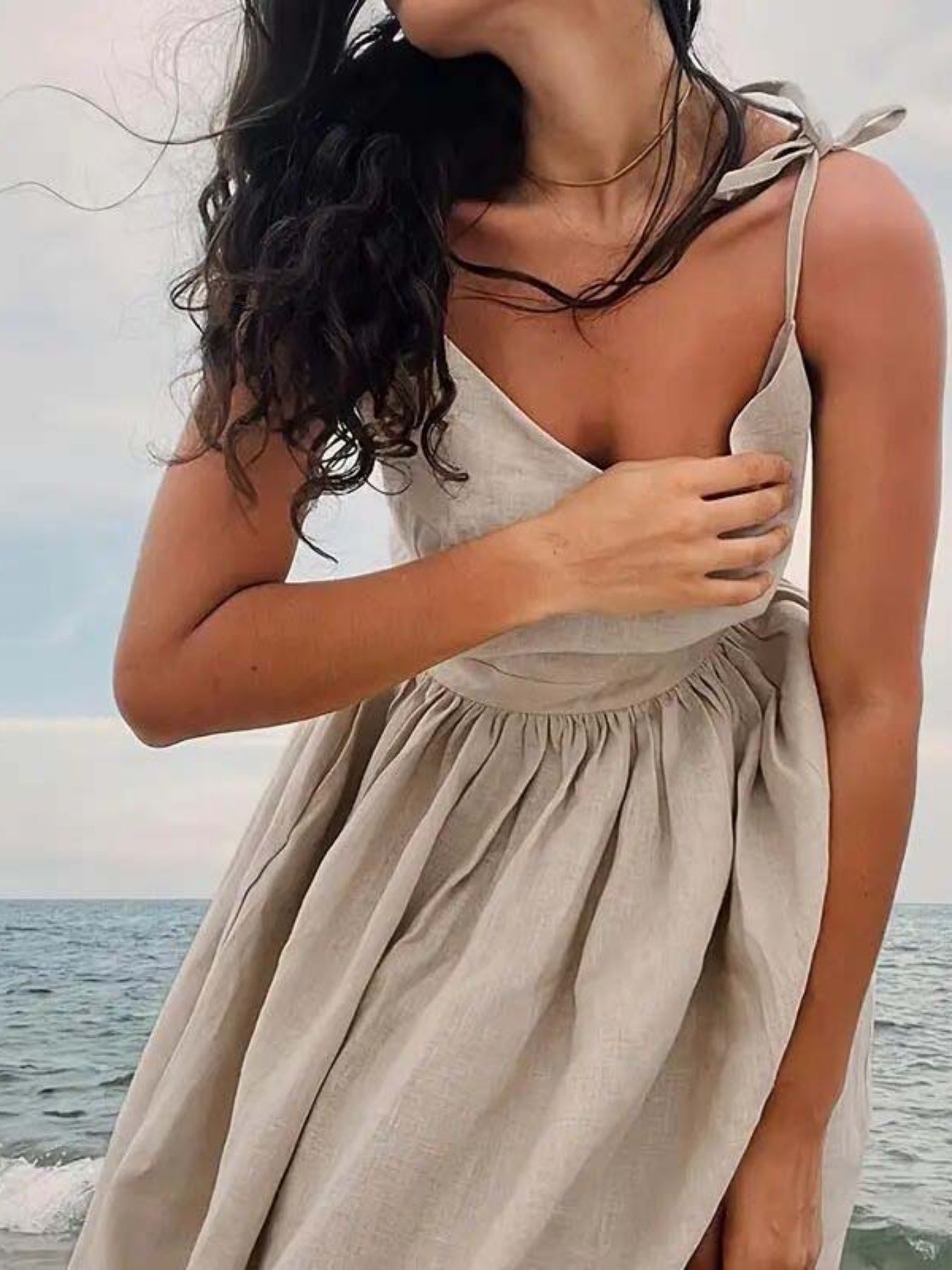 Beige Off-Shoulder Mini Dress with Tie Straps for Women - Melissa