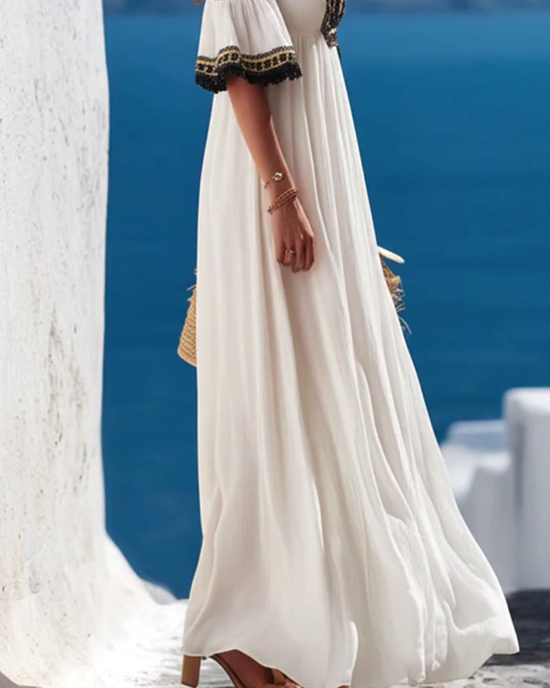 Kleid Stark verziert bestickt Off-Shoulder Schlitz Urlaub