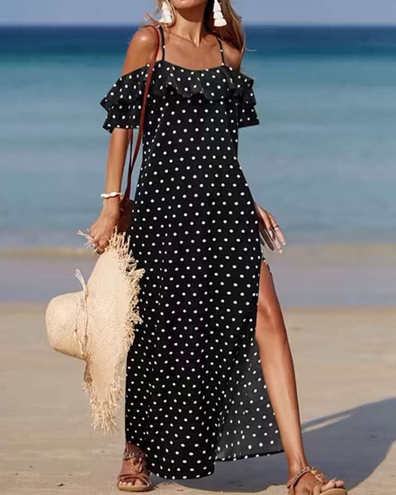 Langes Kleid Dünner Träger Cold Shoulder Tupfen