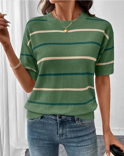 Pullover Streifen Kontrastfarbe Kurzarm Gestrickt
