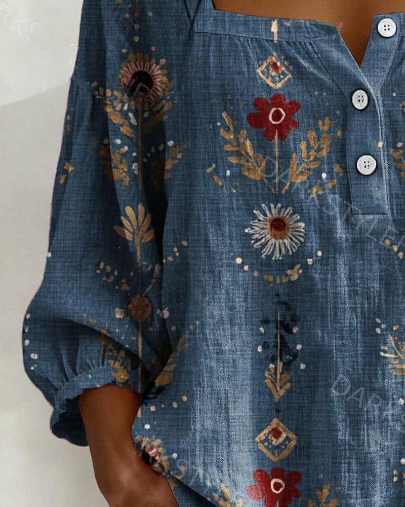 Bluse Quadratischer Ausschnitt Blumendruck