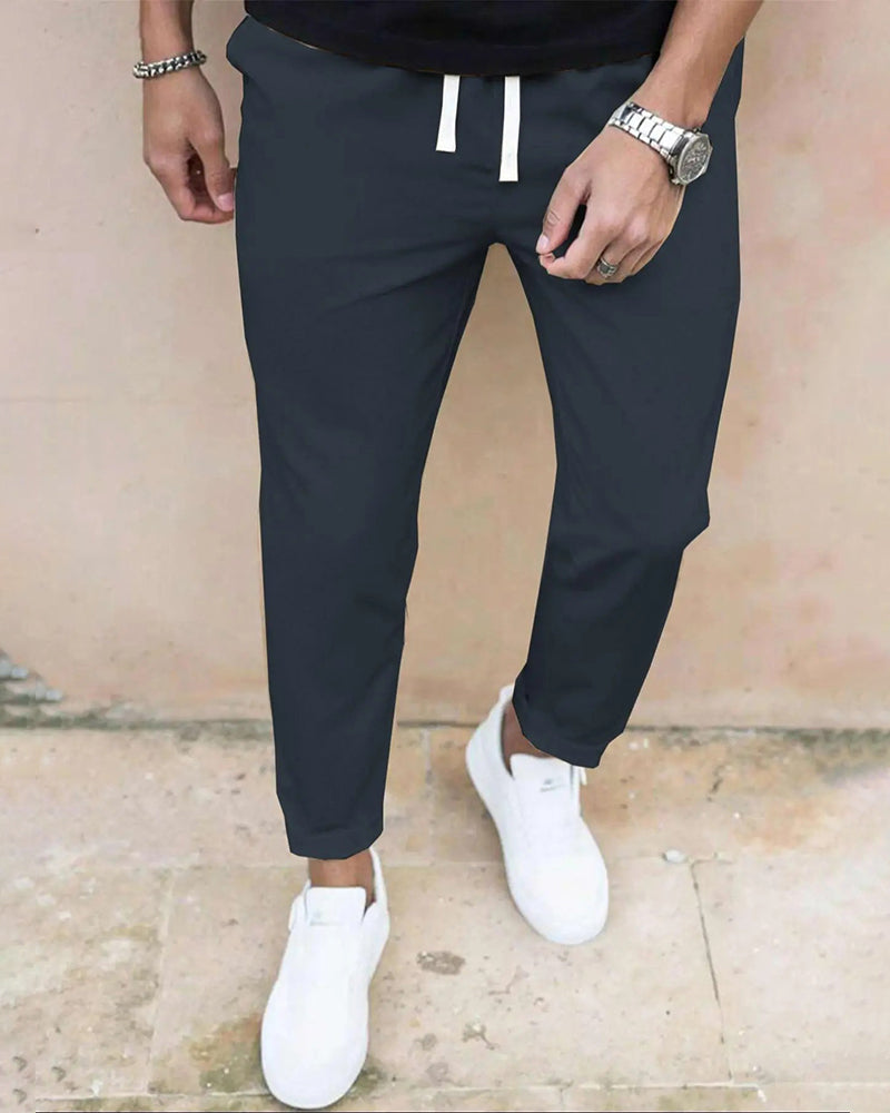 Herren Hose Einfarbig Kordelzug Slim Fit Cropped