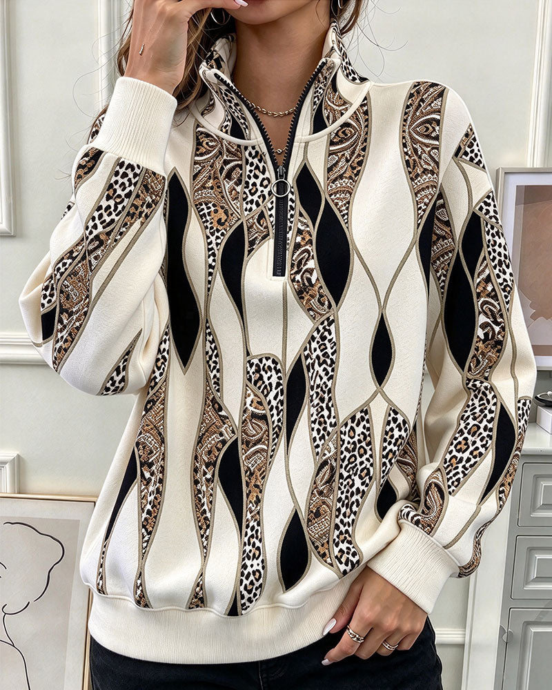 Sweatshirt Geometrisch Paisley Halber Reißverschluss Stehkragen