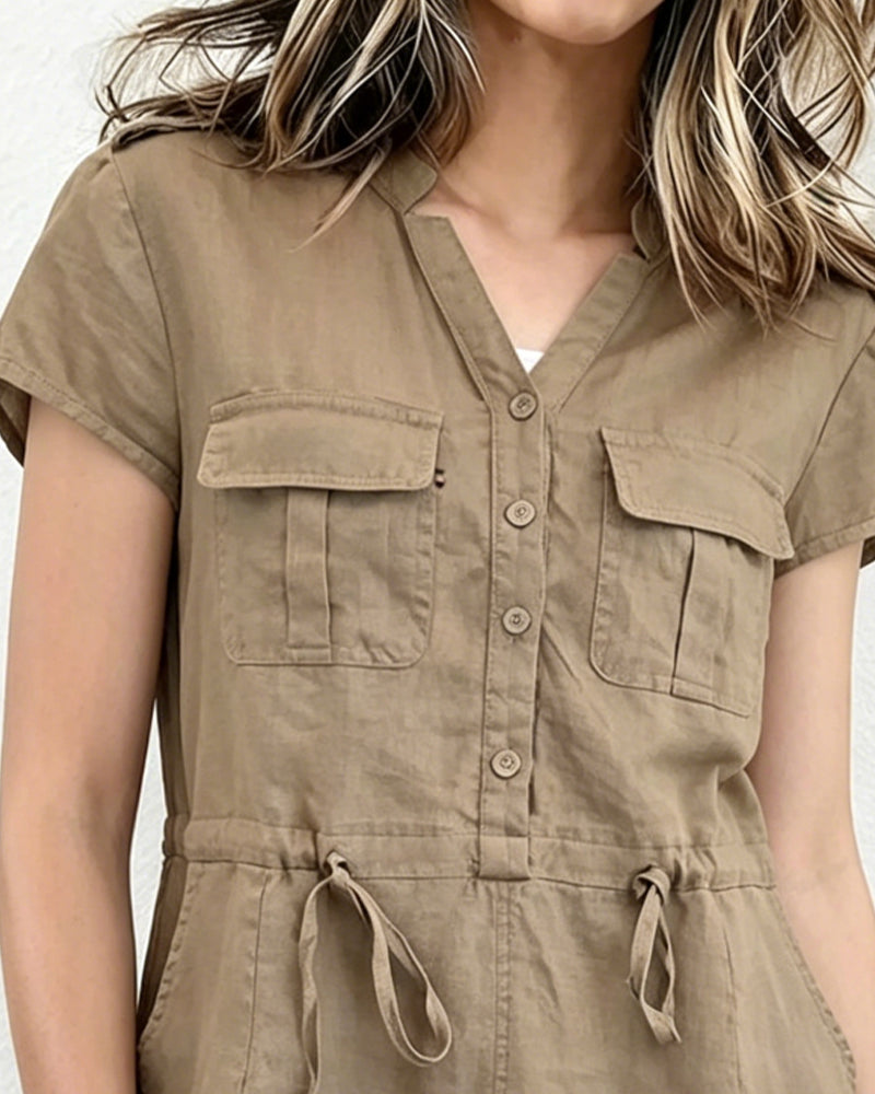 Kleid Utility-Stil V-Ausschnitt Kordelzug
