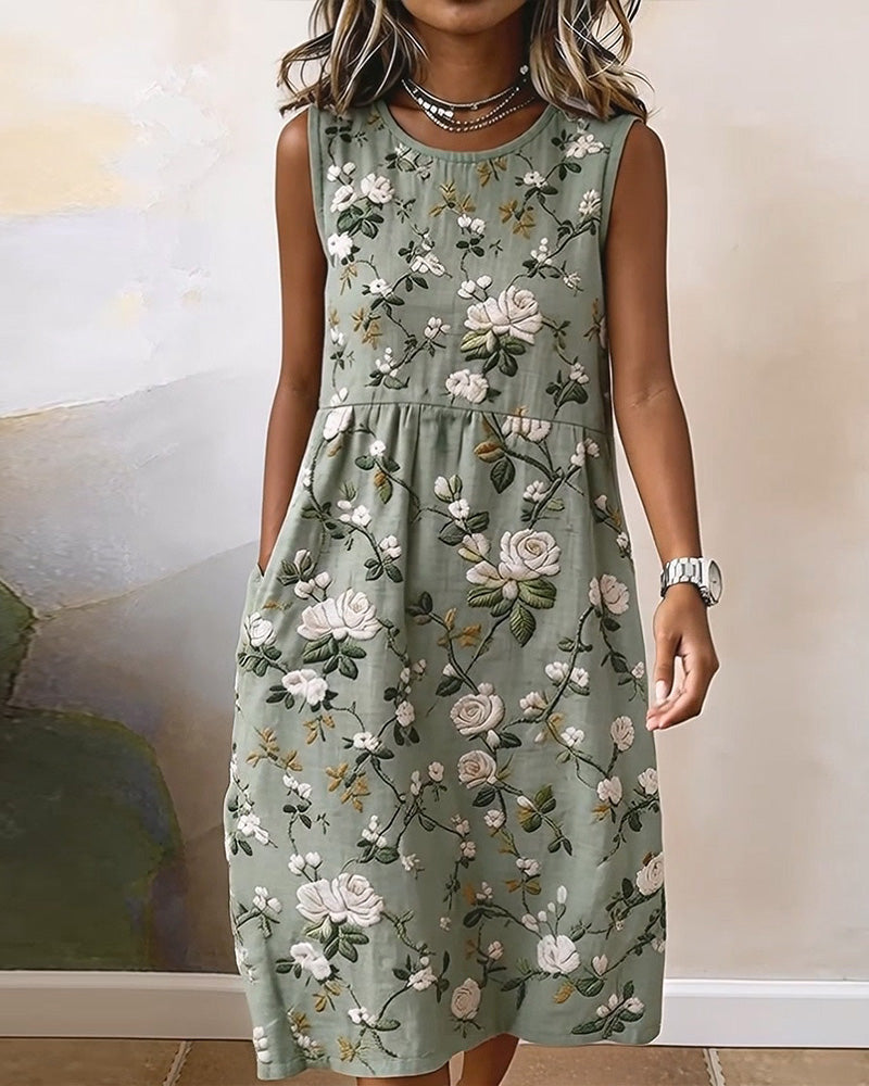 Kleid Geblümt Ärmellos Rundhalsausschnitt Bedruckt