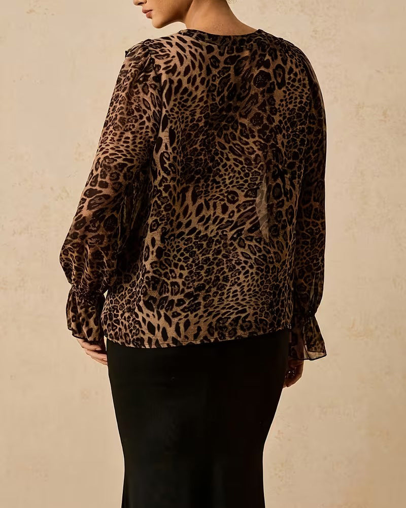 Bluse V-Ausschnitt gerüscht Leopardenprint