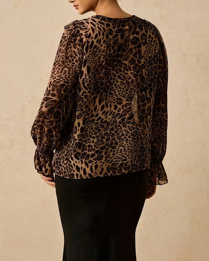 Bluse V-Ausschnitt gerüscht Leopardenprint