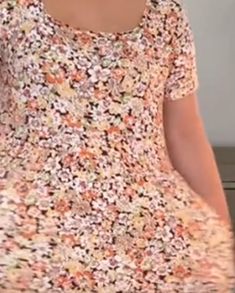 Kleid Eckiger Ausschnitt Geblümt Kurzarm A-Linie