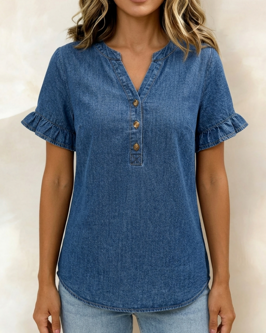 Bluse Denim V-Ausschnitt Rüschen Kurzarm