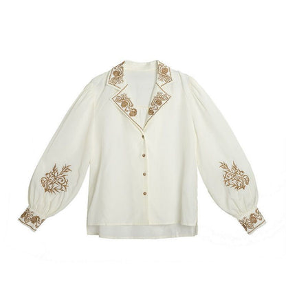 Apricot Embroidered Long Sleeve Blouse with Floral Design for Women - Mary