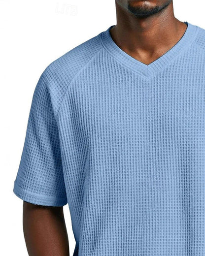 Herren-V-Ausschnitt-Shirt In Waffelstruktur, Lässiges Kurzarm-Oberteil In Unifarbe