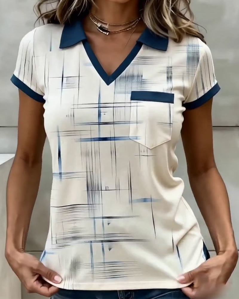 Top V-Ausschnitt bedruckt Colorblock