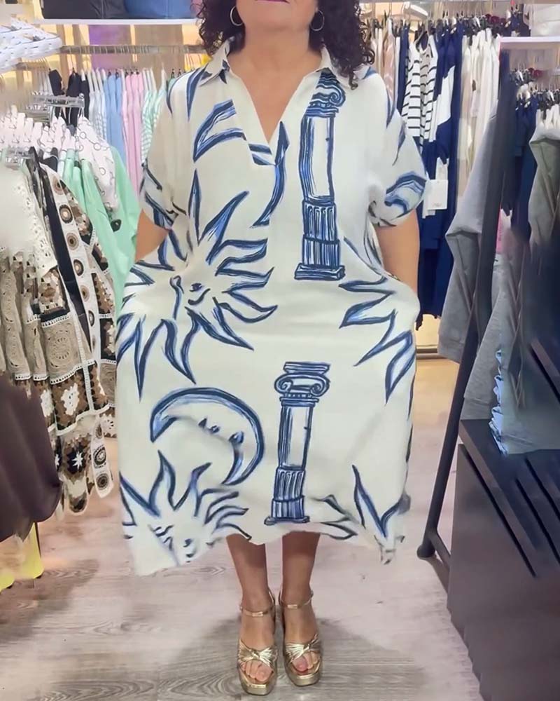 Kleid Revers Bedruckt Locker Lässig