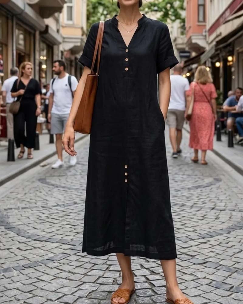 Kleid V-Ausschnitt Kurzarm Knopf