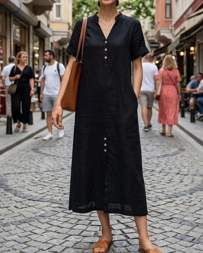 Kleid V-Ausschnitt Kurzarm Knopf