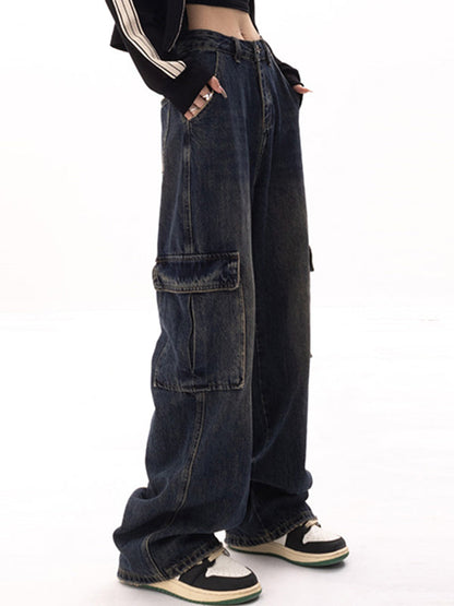 Punk High Waist Geradem Bein Cargo Jeans