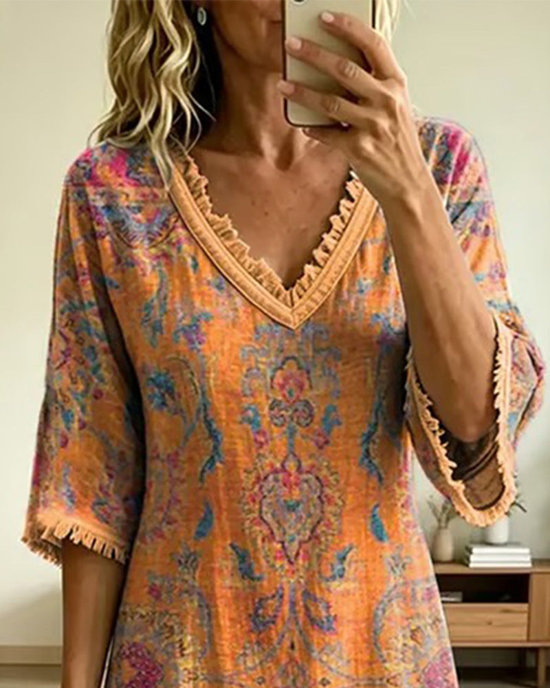 Kleid Vintage V-Ausschnitt Blumenprint