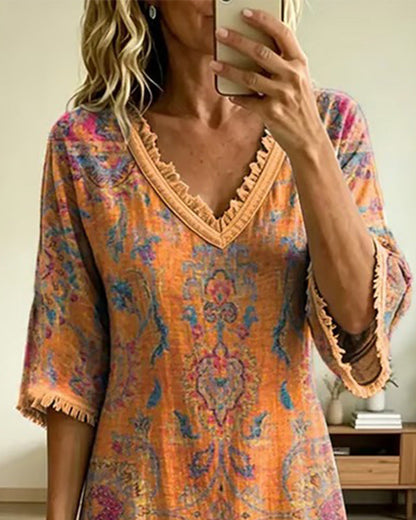 Kleid Vintage V-Ausschnitt Blumenprint