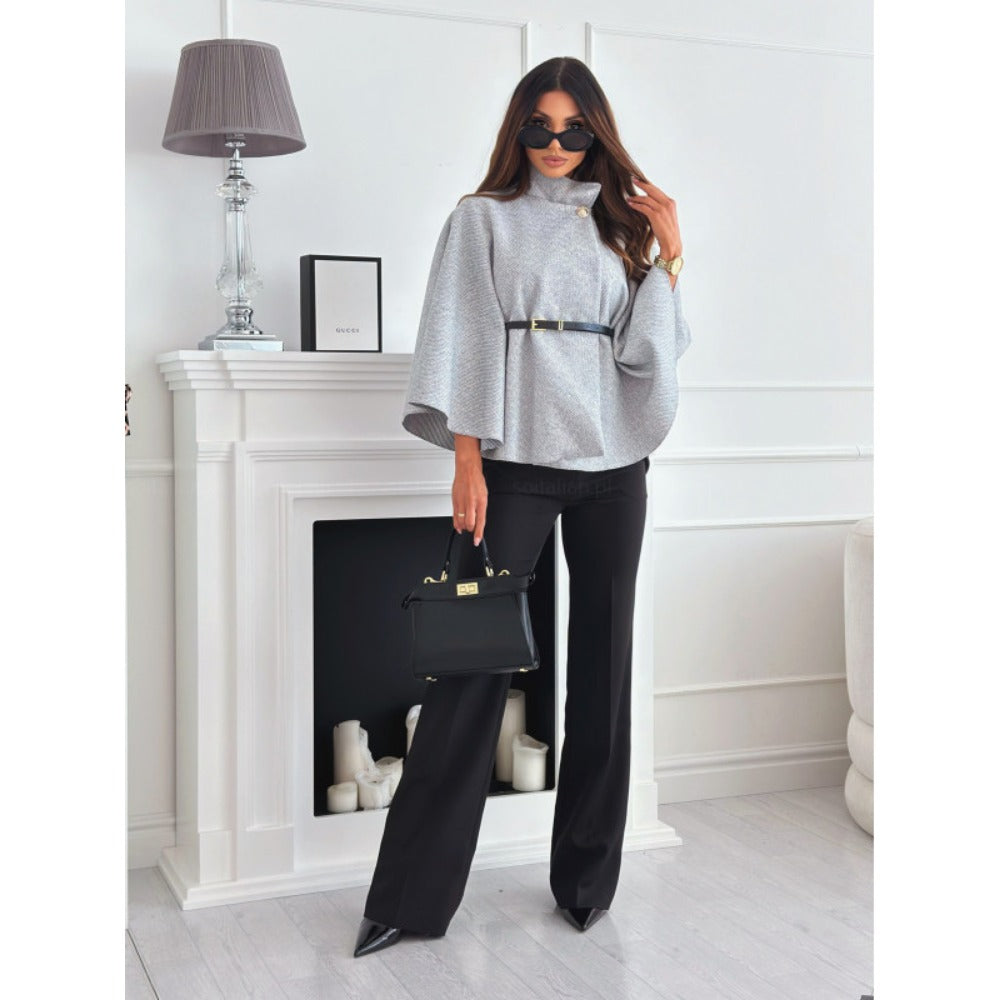 Belted Cape Coat with Wide Sleeves for Women - Zita