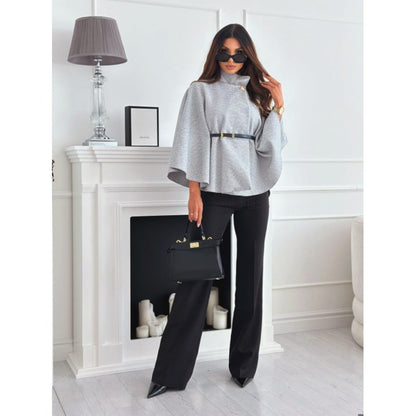 Belted Cape Coat with Wide Sleeves for Women - Zita