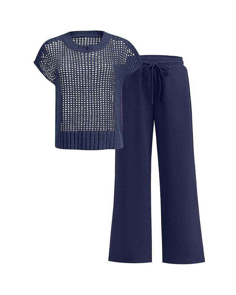 Set Rundhalsausschnitt Kurzarm Durchbrochener Pullover