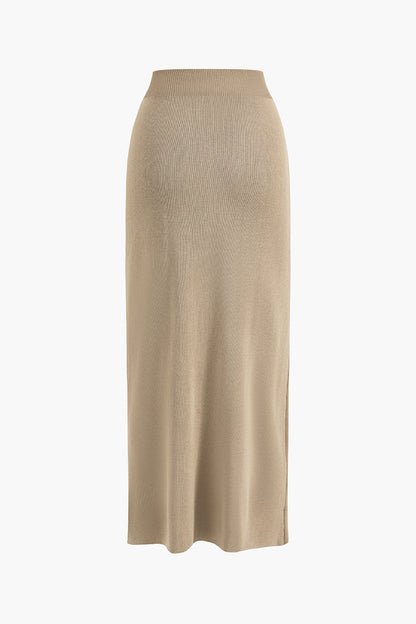 Einfarbiges Vintage Crop Top mit Knopfleiste und Maxirock Set