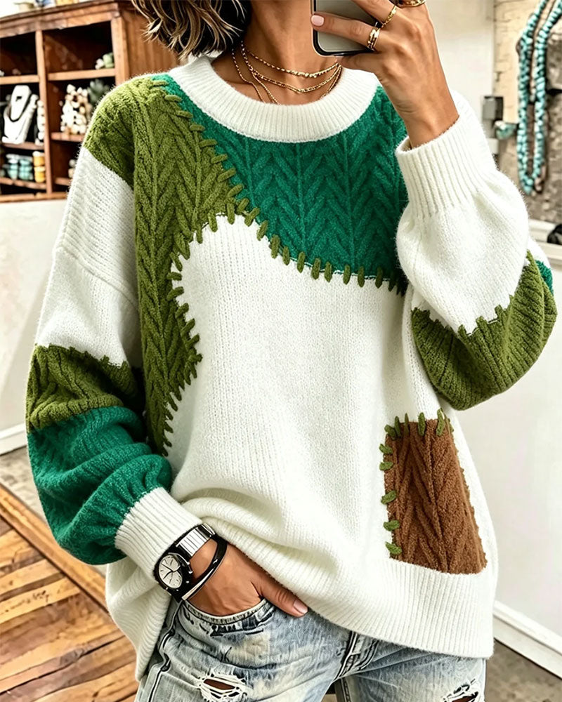 Pullover Runder Ausschnitt Kontrastierend Fallende Schulter Patchwork