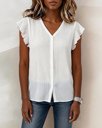 Bluse Plissiert V-Ausschnitt Knopfleiste