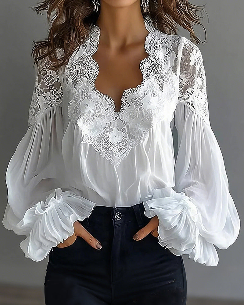 Bluse Spitze Patchwork V-Ausschnitt