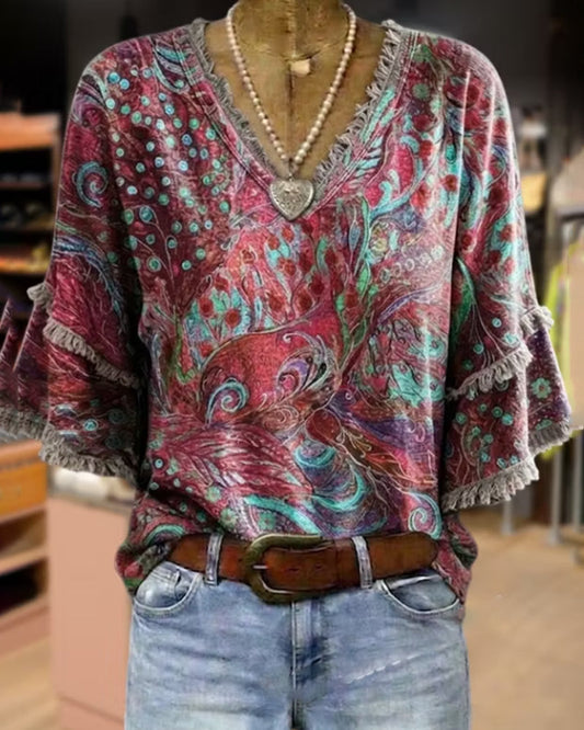Bluse Mode V-Ausschnitt Druck