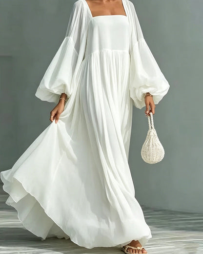 Kleid Quadratischer Ausschnitt Puff Ärmel Fee Maxi