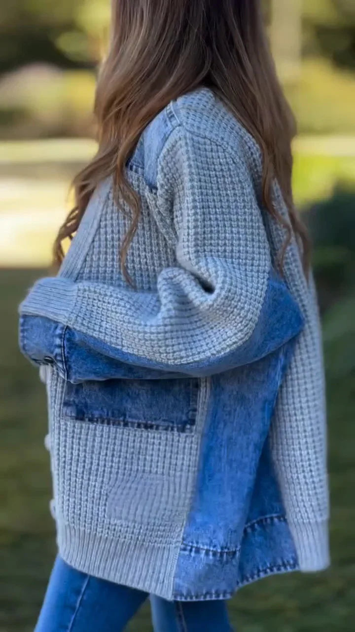 Denim patchwork knitted loose cardigan jacket