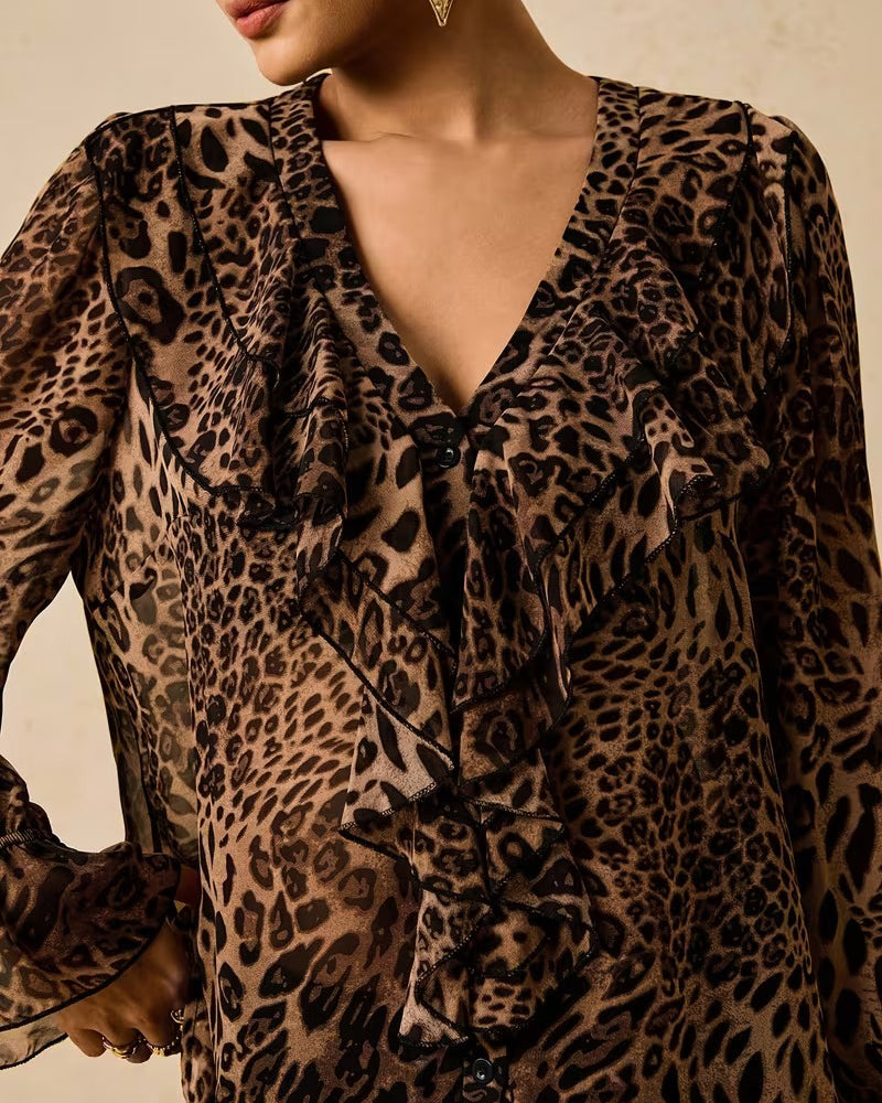 Bluse V-Ausschnitt gerüscht Leopardenprint
