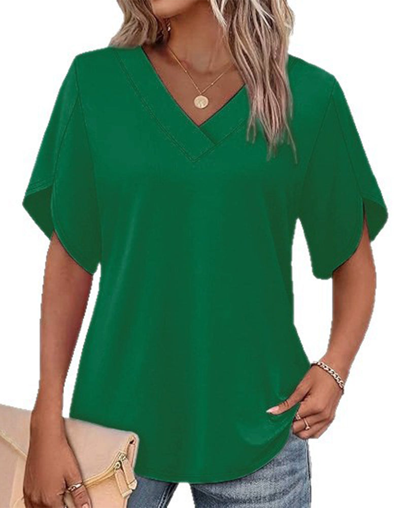 T-Shirt V-Ausschnitt Kleiner Schlitz Kurzarm Einfarbig