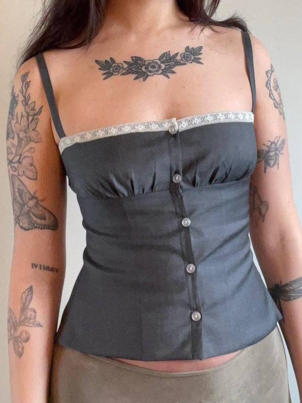 Graues Y2k Spitze Spitzenreihe Mit Knöpfen Cami Top