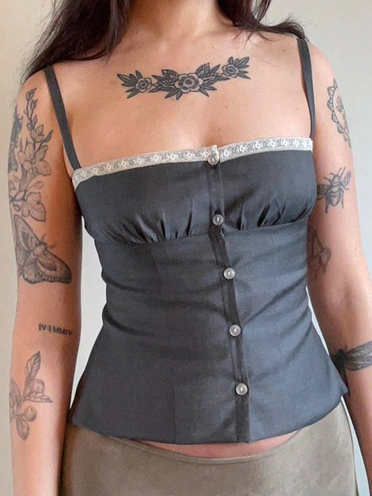 Graues Y2k Spitze Spitzenreihe Mit Knöpfen Cami Top
