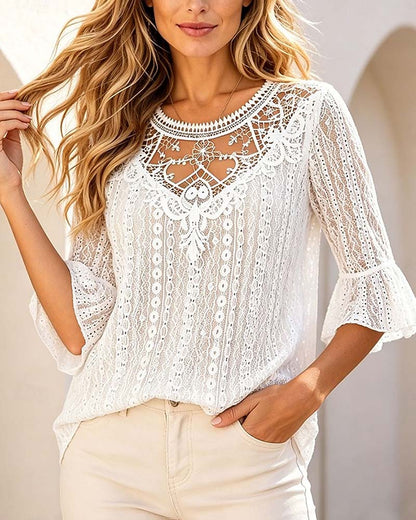 Bluse Rundhals Hollow Out Spitze Patchwork