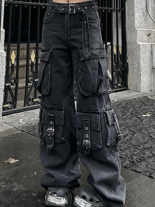 Schwarze Vintage Multi Taschen Cargo Jeans