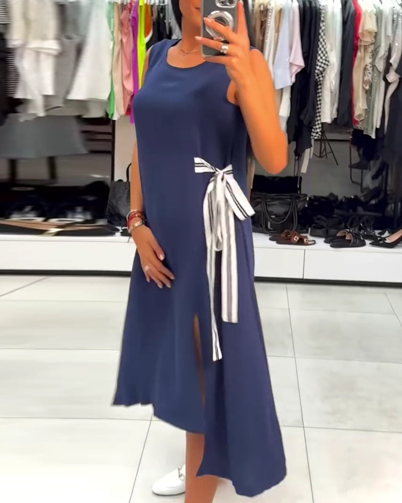 Kleid asymmetrisch unifarben Schlitz ärmellos