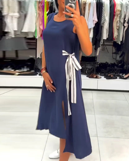 Kleid asymmetrisch unifarben Schlitz ärmellos