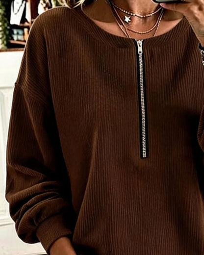 Sweatshirt Rundhals Reißverschluss Gestreift Drop Schulter