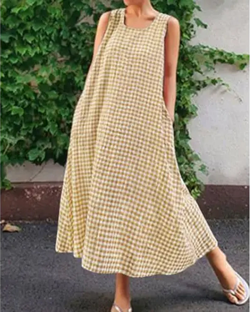 Kleid Karo Ärmellos Quadratischer Ausschnitt Maxi