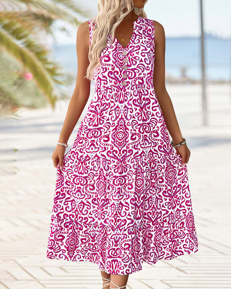 Kleid V-Ausschnitt Knopf Ärmellos