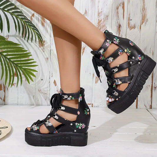 Medusa - Florale Plateau-Sandalen mit Riemen und Schnürung