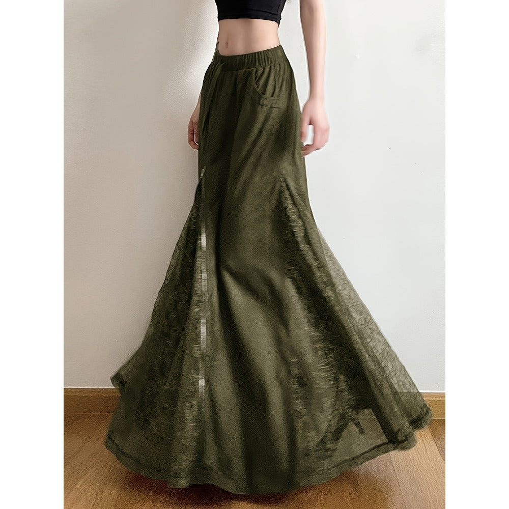 Jupe longue vert olive à taille élastique pour femme - Emanuela