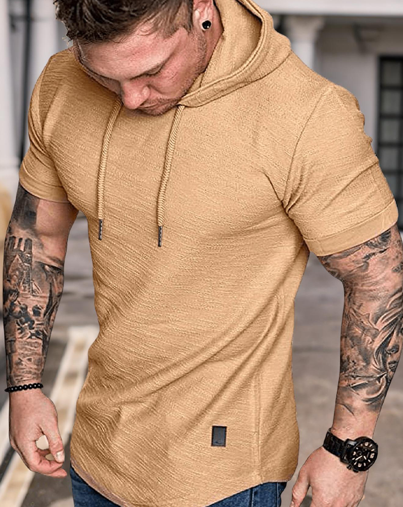T-Shirt Herren Einfarbig Kordelzug Mit Kapuze Kurzarm Shirt, Lässig Sommer