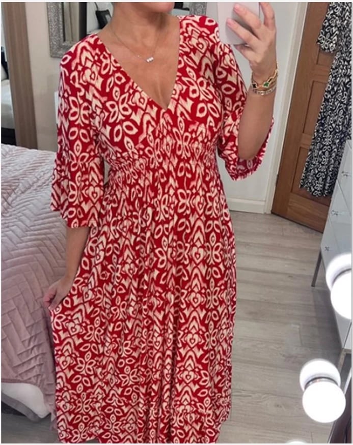 💃Heißer Ausverkauf 🔥 Kaufen Sie 2 versandkostenfrei💞Lässiges, bedrucktes langes Kleid mit V-Ausschnitt